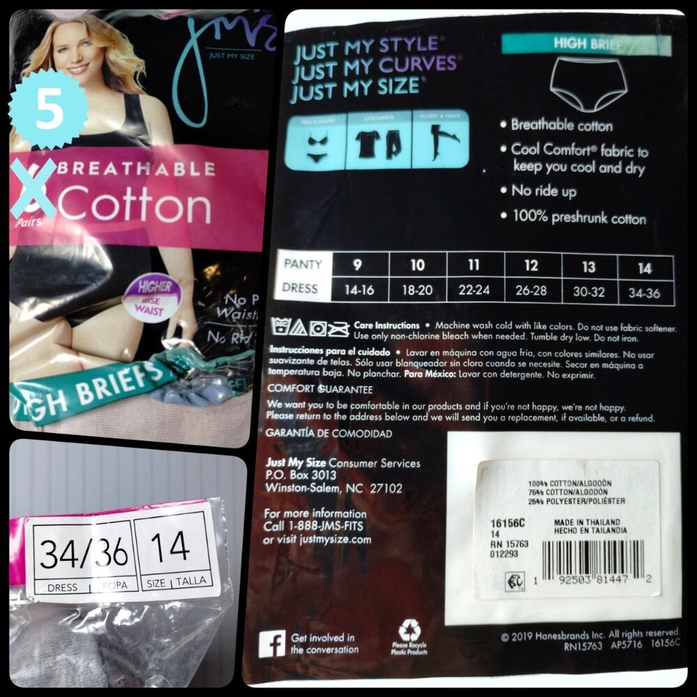 Sz 14 JMS Just My Size by Hanes Breathable Cotton High Briefs Black Grey Tan